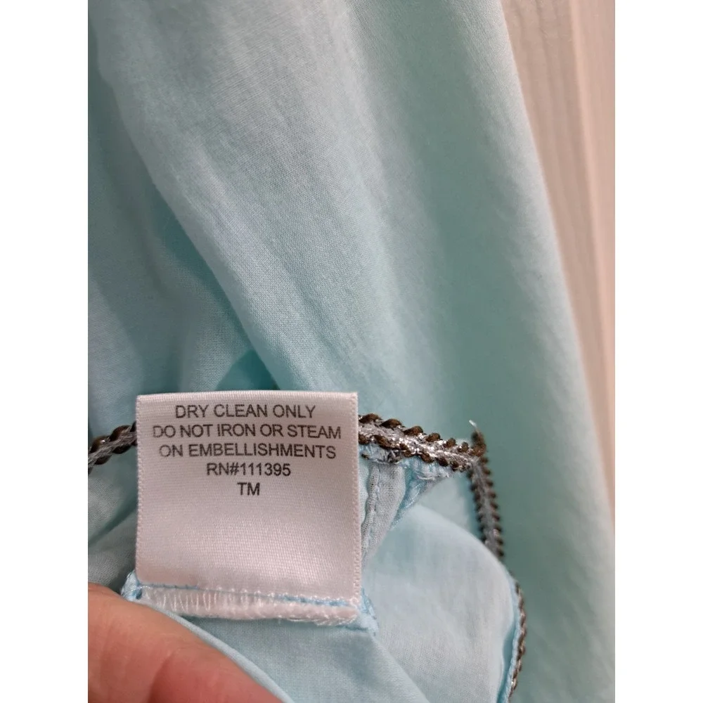 Tory Burch Sky Blue Tunic/Shirt w Brown SilverEmbellishments Size 4. 100% Cotton